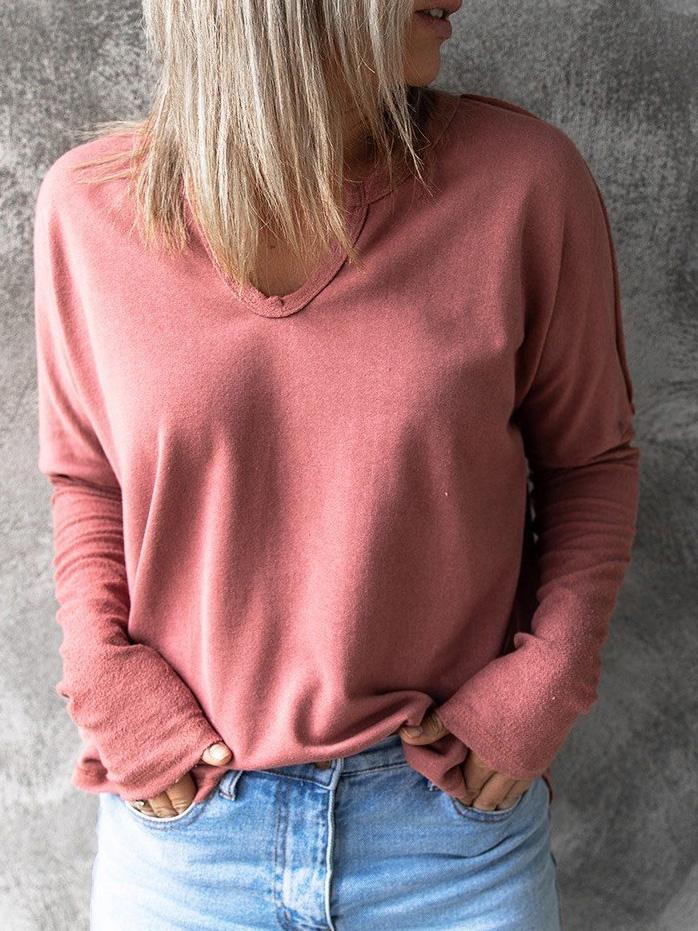 Solid Pullover V-Neck Long Sleeve T-Shirts