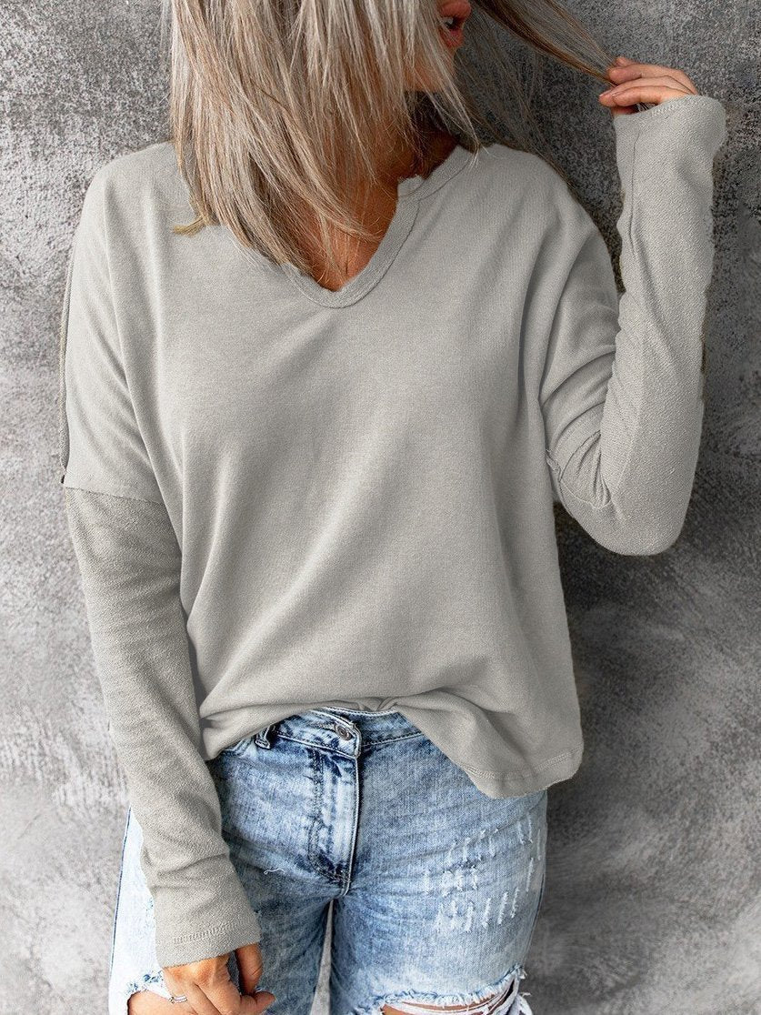 Solid Pullover V-Neck Long Sleeve T-Shirts