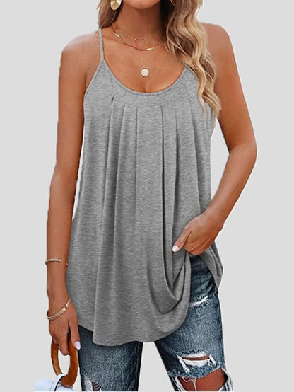 Tank Tops - Tops Pleated Sling Crew Neck Tank Tops - MsDressly