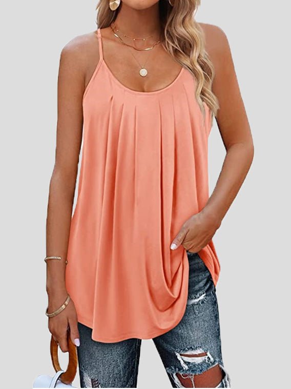 Tank Tops - Tops Pleated Sling Crew Neck Tank Tops - MsDressly