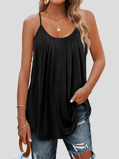 Tank Tops - Tops Pleated Sling Crew Neck Tank Tops - MsDressly