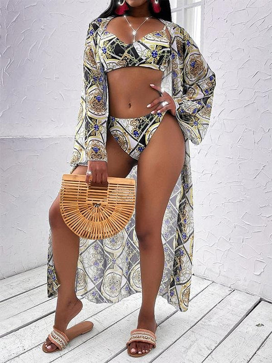 Three-Piece Printed Bikini Split Swimsuit for Women