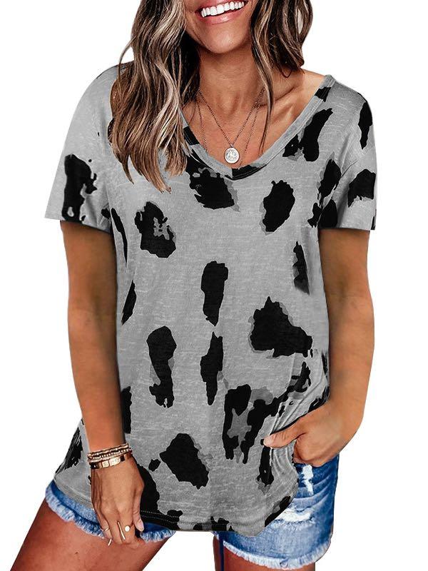 V-Neck Leopard Print Loose T-Shirt for Women