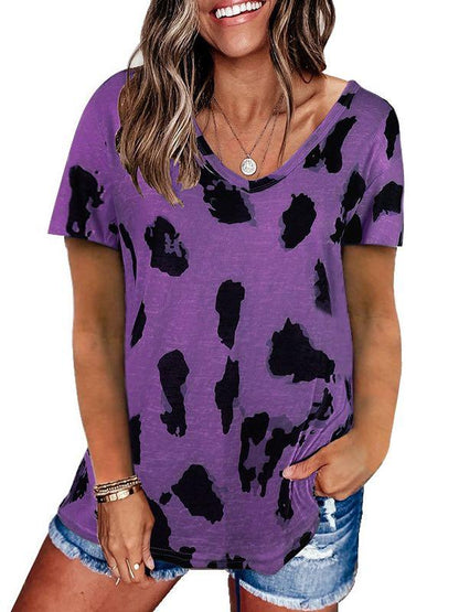 V-Neck Leopard Print Loose T-Shirt for Women