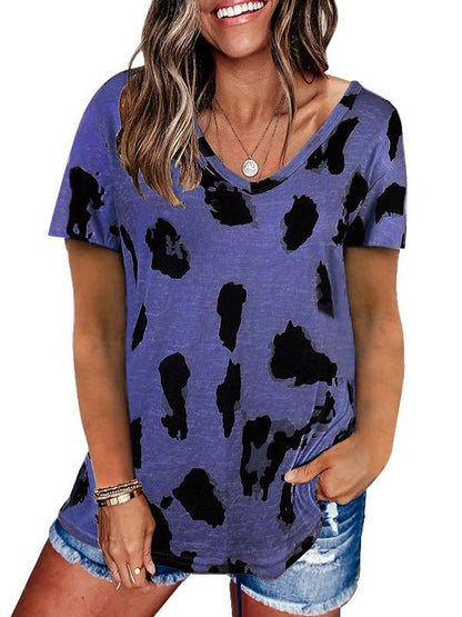 V-Neck Leopard Print Loose T-Shirt for Women