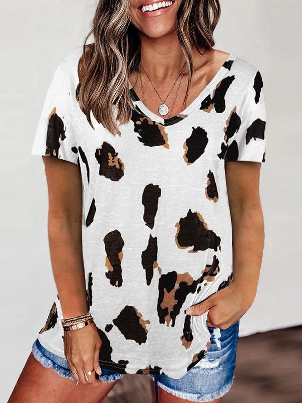 V-Neck Leopard Print Loose T-Shirt for Women