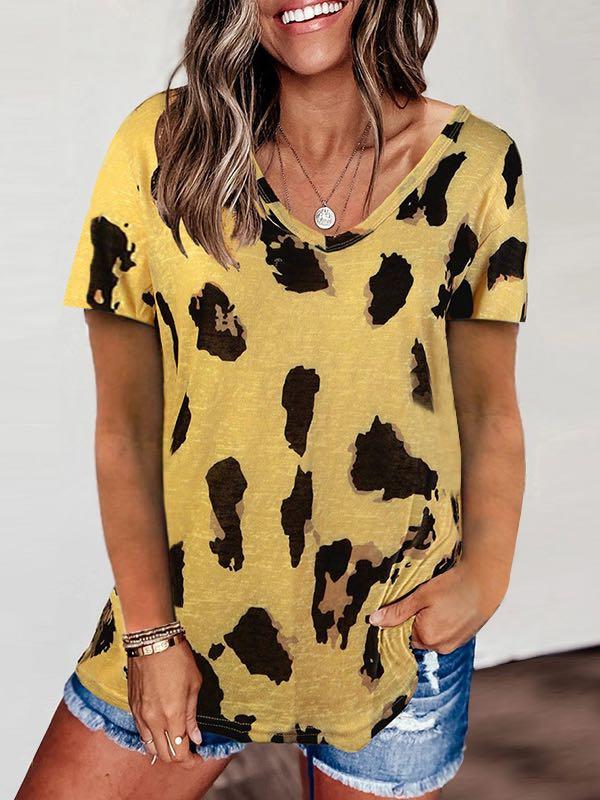 V-Neck Leopard Print Loose T-Shirt for Women