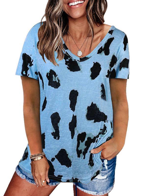 V-Neck Leopard Print Loose T-Shirt for Women