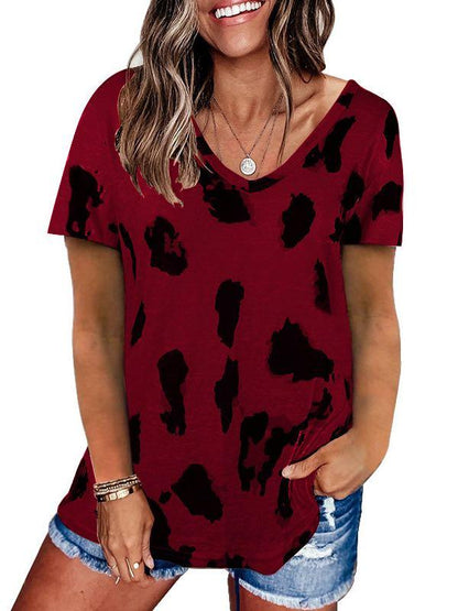 V-Neck Leopard Print Loose T-Shirt for Women