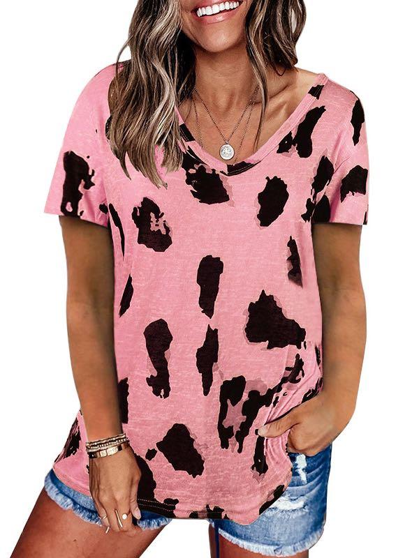 V-Neck Leopard Print Loose T-Shirt for Women