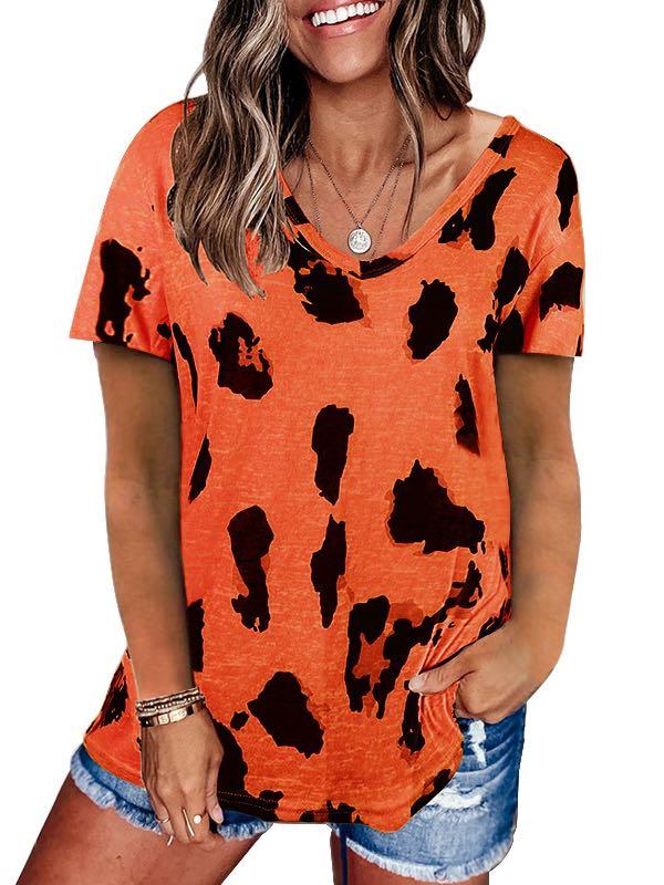 V-Neck Leopard Print Loose T-Shirt for Women