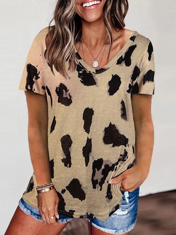 V-Neck Leopard Print Loose T-Shirt for Women