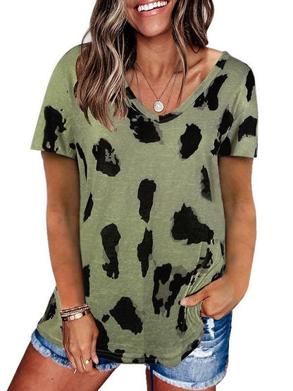 V-Neck Leopard Print Loose T-Shirt for Women