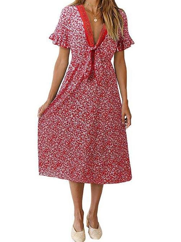 V Neck Midi Floral Dress for Women