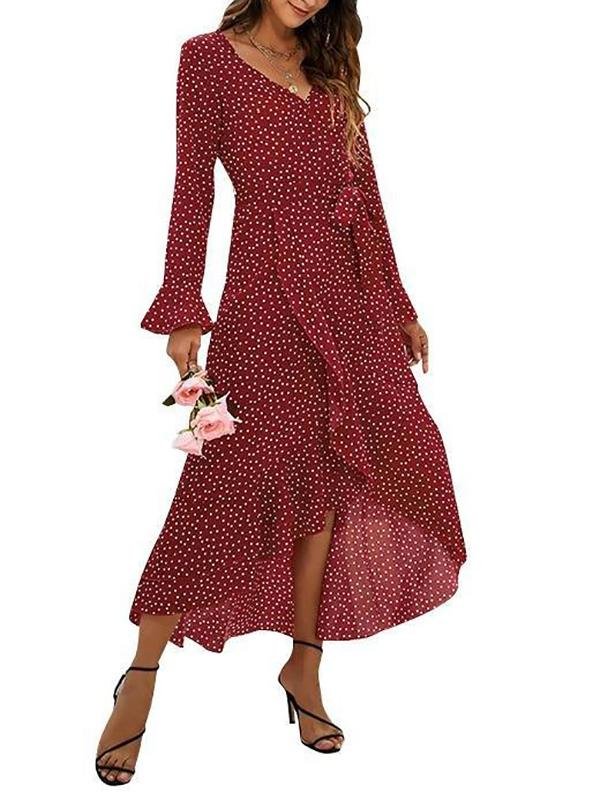 V Neck Polka Dots Bowknot Long Sleeve Dress for Women