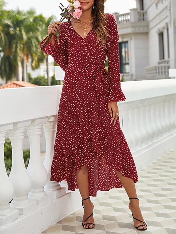 Women's V Neck Polka Dots Bowknot Long Sleeve Dress - LuckyFash™