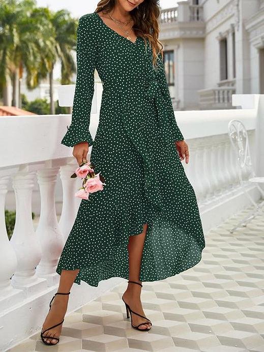 Women's V Neck Polka Dots Bowknot Long Sleeve Dress - LuckyFash™