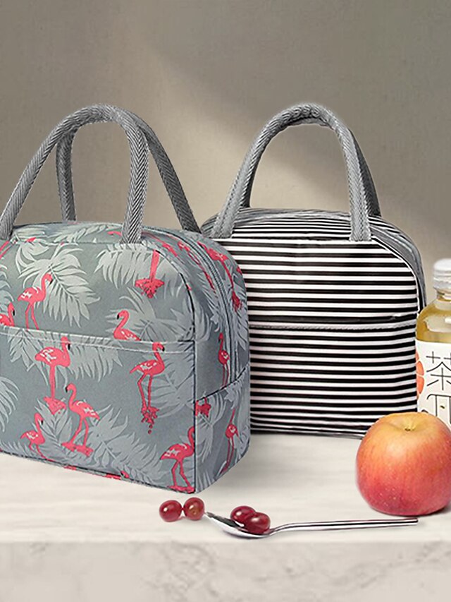 Men's Women's Lunch Bag Oxford Cloth Aluminum Foil Outdoor Office Daily Zipper Print Tiered Insulated Large Capacity Waterproof Solid Color Striped Flamingos Leaf Pink and white stripes black strips - LuckyFash™