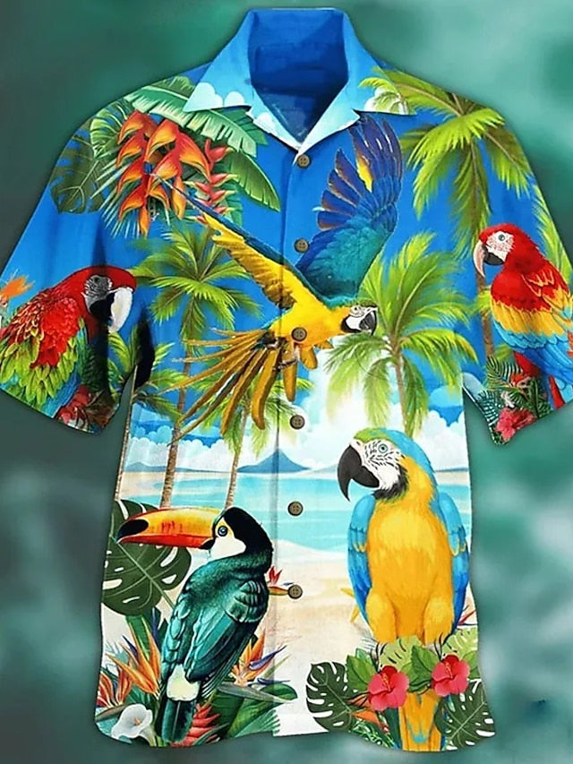 Men's Shirt Summer Hawaiian Shirt Camp Collar Shirt Graphic Shirt Aloha Shirt Parrot Turndown Yellow Light Green Pink Red Blue 3D Print Outdoor Street Short Sleeve Button-Down Clothing Apparel - LuckyFash™