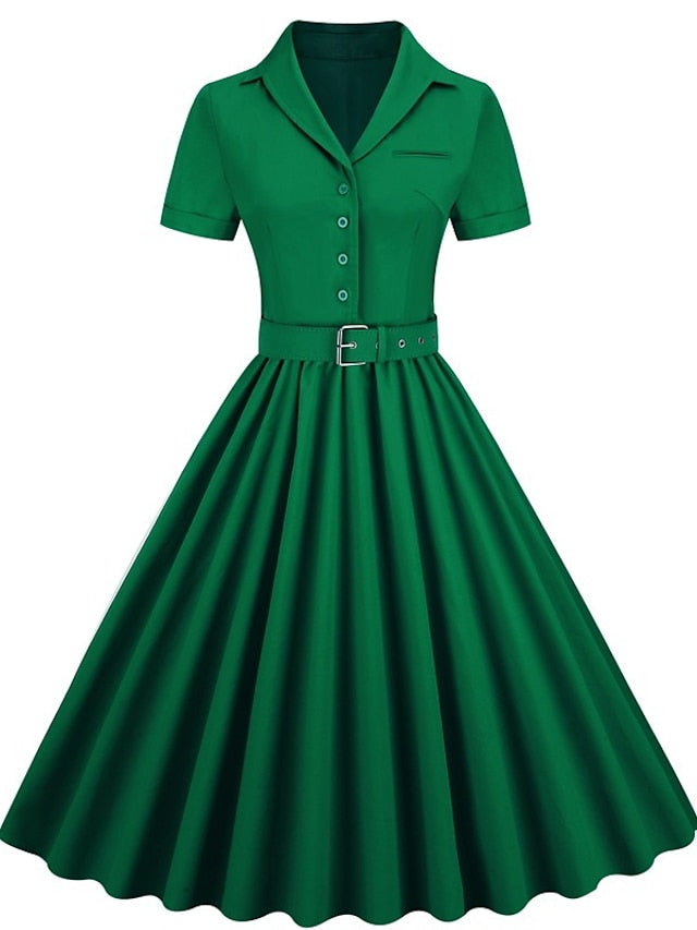 Women's Vintage Tea Dresses Swing Dress Midi Dress Pink Red Dark Green Short Sleeve Pure Color Ruched Spring Fall Winter Shirt Collar 1950s Vacation Tea Party Fall Dress 2023 S M L XL XXL - LuckyFash™
