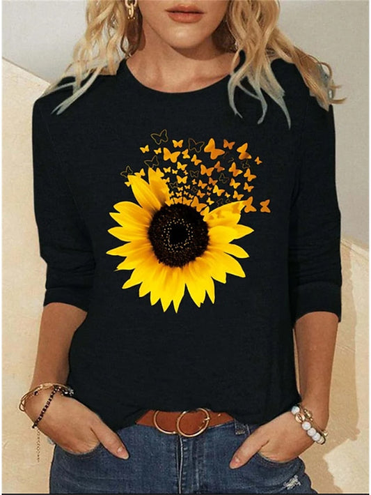 Women's T shirt Tee Butterfly Sunflower Black Blue Gray Print Long Sleeve Holiday Weekend Fashion Round Neck Regular Fit Spring &  Fall