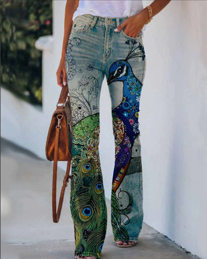 Women's Jeans Flared Pants Bell Bottom Full Length Faux Denim Side Pockets Print Micro-elastic Fashion Halloween Weekend Blue Red & White S M