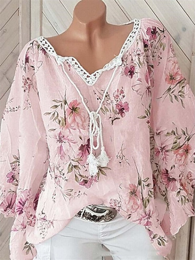 Women's Shirt Blouse White Pink Blue Floral Print Long Sleeve Daily Vacation Streetwear V Neck Regular Cotton Plus Size L - LuckyFash™