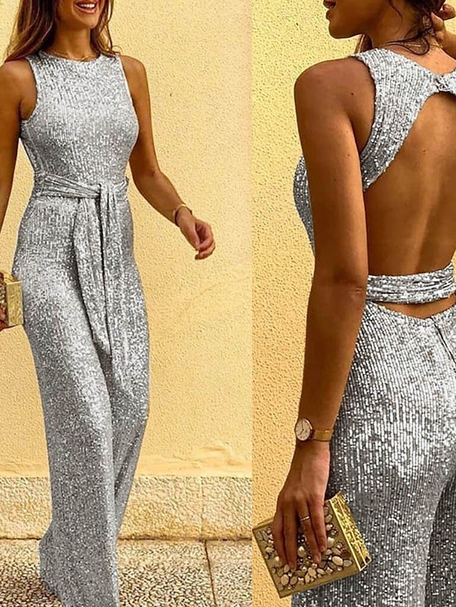 Women's Jumpsuit Backless Sequin Solid Color Crew Neck Elegant Party Prom Regular Fit Sleeveless Black Pink Wine S M L Summer - LuckyFash™