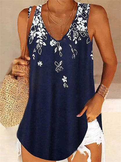 Women's Tank Top Camis Floral Pink Blue Sky Blue Print Sleeveless Casual V Neck Regular Fit