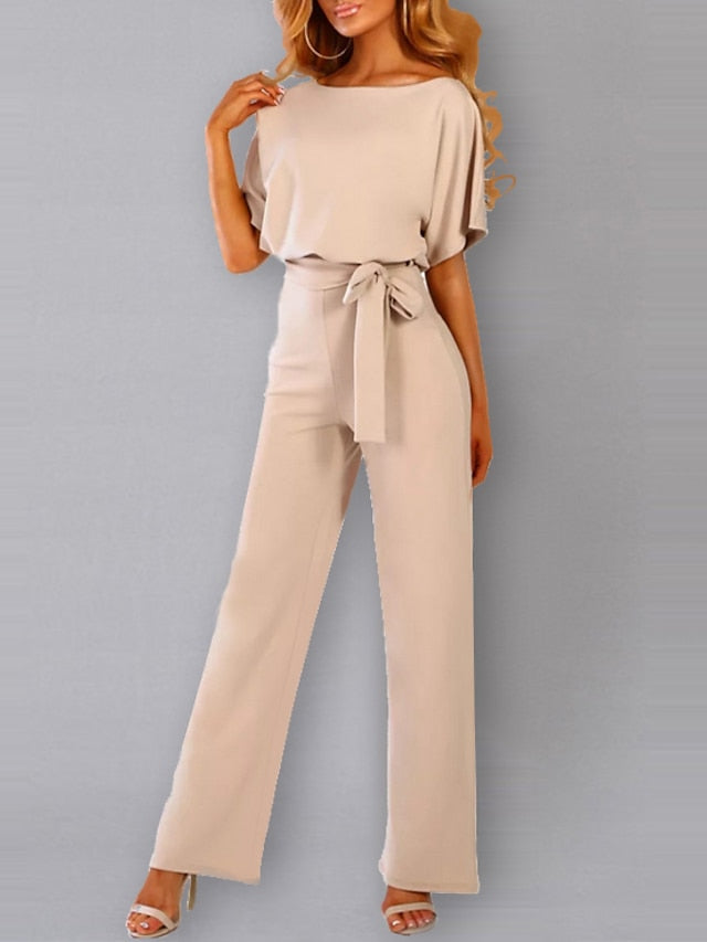 Women's Belted Jumpsuit Long Wide Leg Pant Party Romper Jumpsuits Casual Loose Short Sleeve Playsuits With Belts