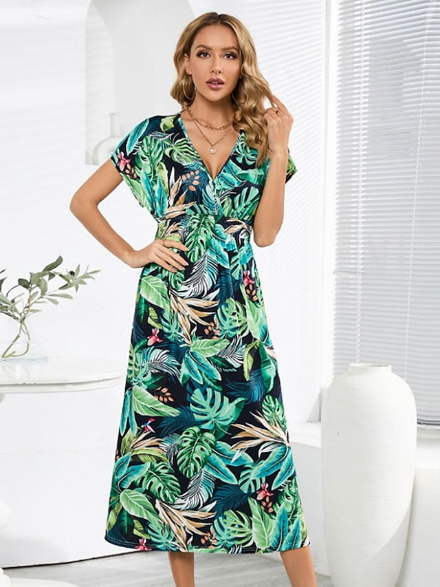 Casual Dress Summer Dress Print Dress Leaf Leopard Ruched Print V Neck Midi Dress Fashion Hawaiian Holiday Date Short Sleeve Regular Fit Black And White Leopard Yellow Summer Spring S M L XL for Women