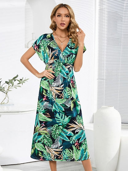 Casual Dress Summer Dress Print Dress Leaf Leopard Ruched Print V Neck Midi Dress Fashion Hawaiian Holiday Date Short Sleeve Regular Fit Black And White Leopard Yellow Summer Spring S M L XL for Women