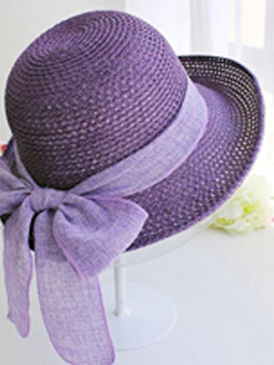 Women's Hat Straw Hat Sun Hat Purple Pink Camel Outdoor Street Dailywear Braided Bow Pure Color Portable Sun Protection