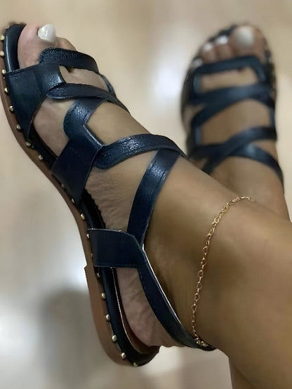 Women's Sandals Boho Bohemia Beach Gladiator Sandals Roman Sandals Plus Size Daily Beach Summer Flat Heel Open Toe Casual Minimalism Walking Shoes Faux Leather Loafer Elastic Band Solid Color Solid - LuckyFash™
