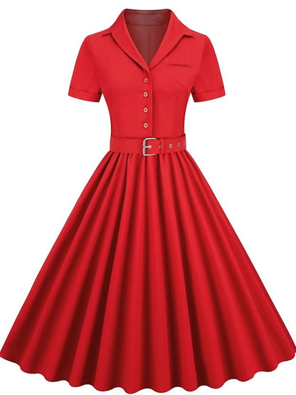 Vintage Tea Dresses Swing Dress Midi Dress Pink Red Dark Green Short Sleeve Pure Color Ruched Spring Fall Winter Shirt Collar 1950s Vacation Tea Party Fall Dress  S M L XL XXL for Women