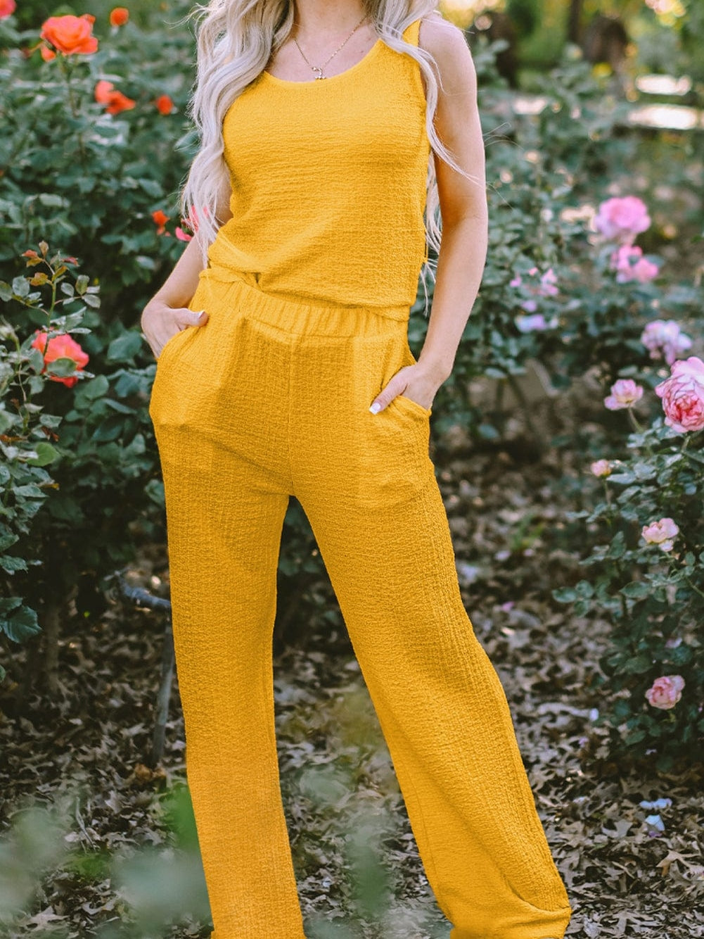 Yellow Crinkle Texture Sleeveless Tank Top and Wide Leg Pants Ensemble