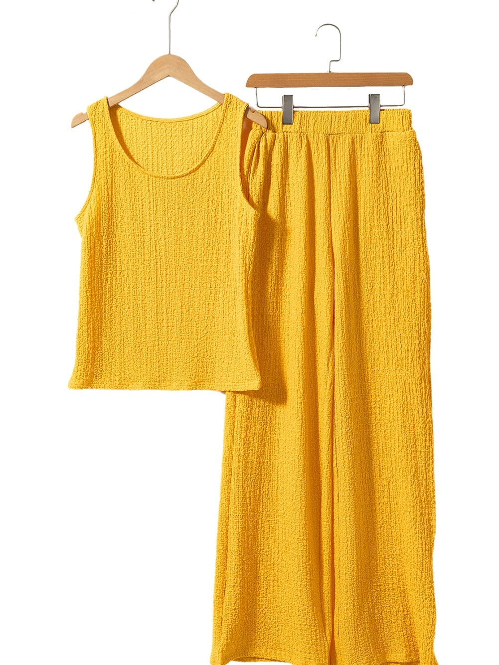 Yellow Crinkle Texture Sleeveless Tank Top and Wide Leg Pants Ensemble