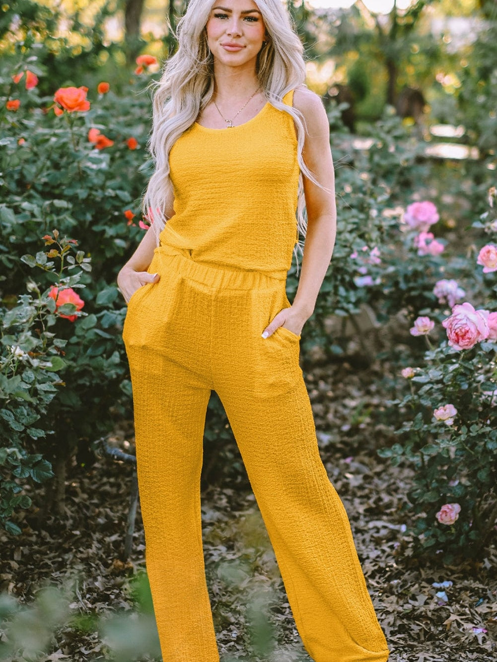 Yellow Crinkle Texture Sleeveless Tank Top and Wide Leg Pants Ensemble