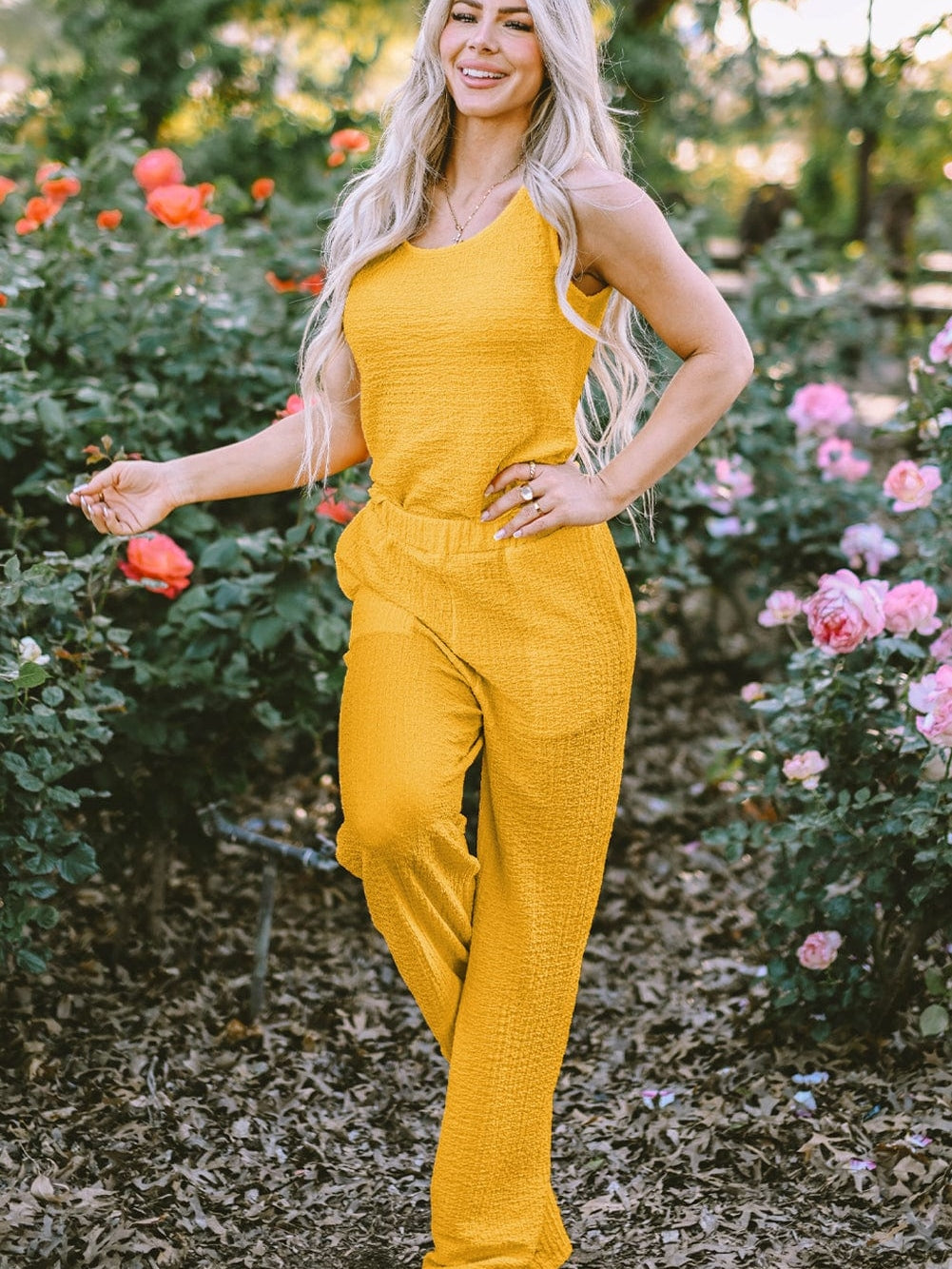 Yellow Crinkle Texture Sleeveless Tank Top and Wide Leg Pants Ensemble