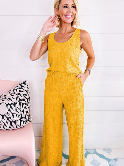 Yellow Crinkle Texture Sleeveless Tank Top and Wide Leg Pants Ensemble