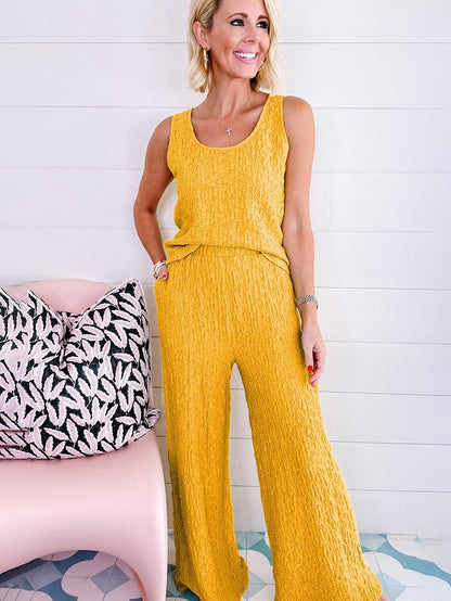 Yellow Crinkle Texture Sleeveless Tank Top and Wide Leg Pants Ensemble