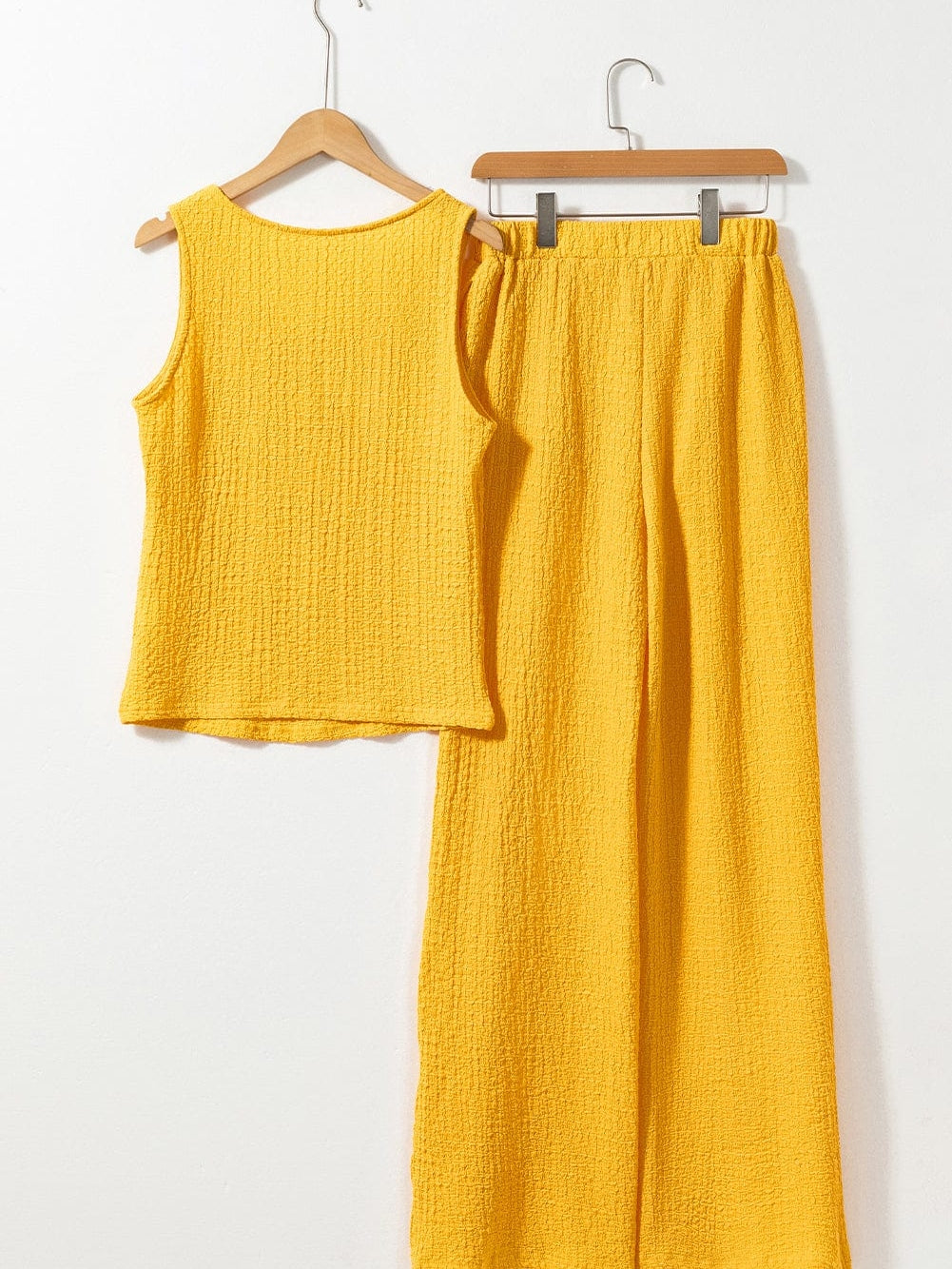 Yellow Crinkle Texture Sleeveless Tank Top and Wide Leg Pants Ensemble