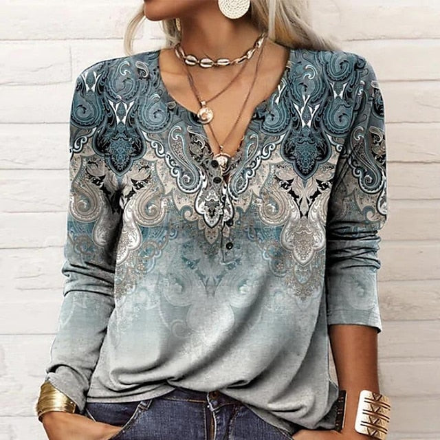 Women's Plus Size Shirt Henley Shirt Blouse Paisley Color Gradient Vintage Black Pink Wine Print Button Long Sleeve Daily Casual V Neck Regular Fit Fall & Winter