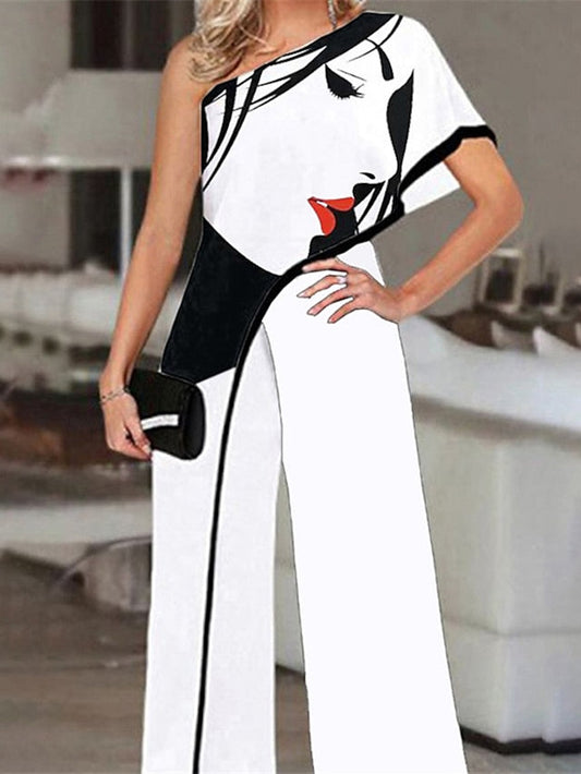 Women's Elegant Ol Style Printed Evening Party One Shoulder High Waist Blue White Black Jumpsuit Wide Leg Pants