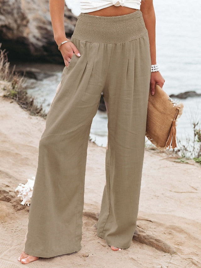 Women's Casual Fashion Culottes Wide Leg Chinos Wide Leg Side Pockets Full Length Pants Casual Weekend Micro-elastic Chinese Style Comfort Mid Waist White Black Khaki S M L XL XXL - LuckyFash™