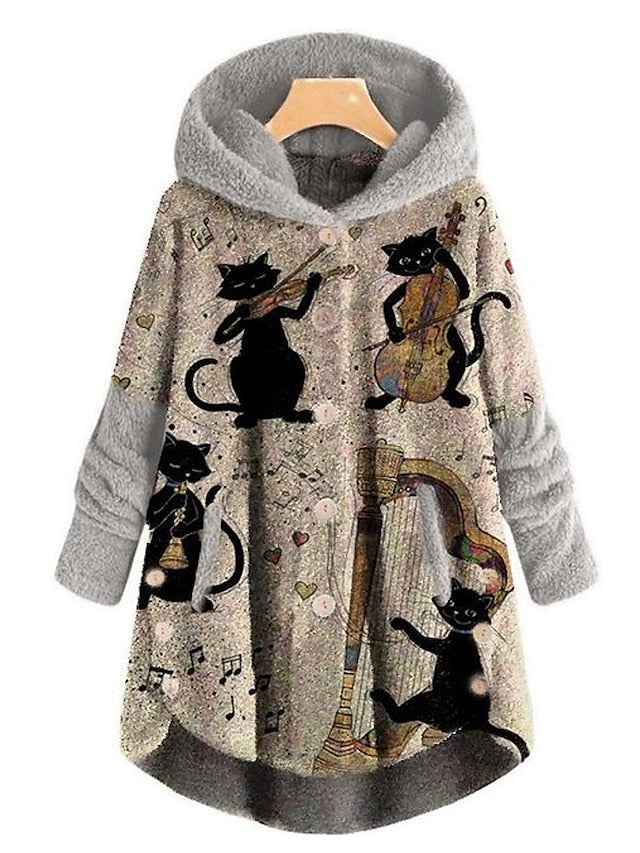 Women's Plus Size Teddy Coat Winter Coat Animal Cat Causal Holiday Long Sleeve Hooded Regular Winter Fall Gray L XL XXL 3XL 4XL