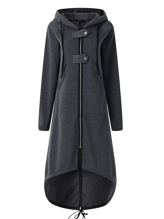 Women's Trench Coat Fall Casual Hoodied Jacket Zipper Windproof Long Coat with Poackets Street Daily Wear Winter Warm Regular Fit Stylish Long Sleeve Plain Black Dark Gray