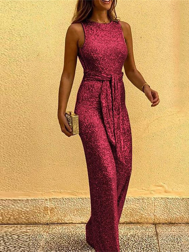 Women's Jumpsuit Backless Sequin Solid Color Crew Neck Elegant Party Prom Regular Fit Sleeveless Black Pink Wine S M L Summer - LuckyFash™