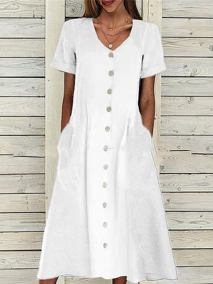 Casual Dress Cotton Dress Midi Dress Cotton Blend Fashion Basic Outdoor Daily Vacation V Neck Button Short Sleeve Summer Spring  Loose Fit White Pure Color S M L XL 2XL for Women