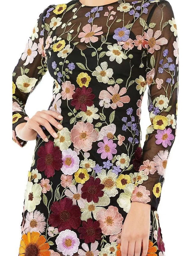 Women's Wedding Guest Dress Party Dress Bodycon Mini Dress Black Pink Long Sleeve Floral Embroidered Summer Spring Fall High Neck Fashion Wedding Guest Vacation Fall Dress 2023 S M L XL - LuckyFash™